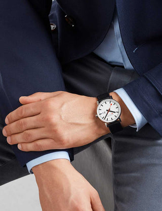 Angle shot of Mondaine MSE.40210.LBV White Dial Black Leather Unisex Watch on white background