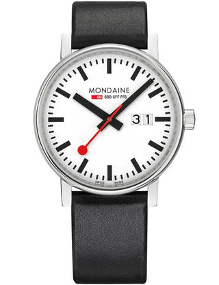 Angle shot of Mondaine MSE.40210.LBV White Dial Black Leather Unisex Watch on white background