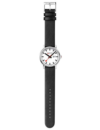 Angle shot of Mondaine MSE.40210.LBV White Dial Black Leather Unisex Watch on white background