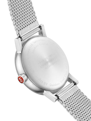 Angle shot of Mondaine MSE.40210.SM White Dial Silver Stainless Steel Unisex Watch on white background