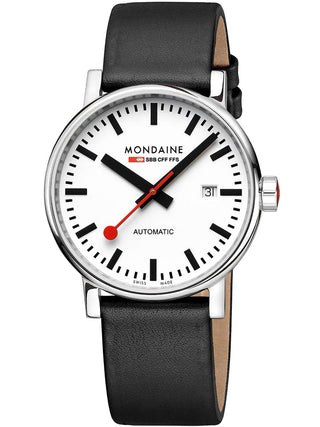Angle shot of Mondaine MSE.40610.LBV White Dial Black Leather Unisex Watch on white background