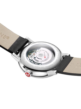 Angle shot of Mondaine MSE.40610.LBV White Dial Black Leather Unisex Watch on white background