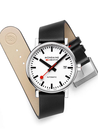 Angle shot of Mondaine MSE.40610.LBV White Dial Black Leather Unisex Watch on white background