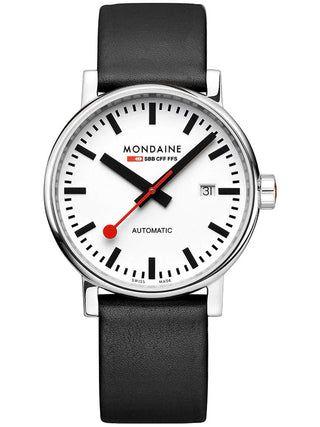 Front view of Mondaine MSE.40610.LBV White Dial Black Leather Unisex Watch on white background