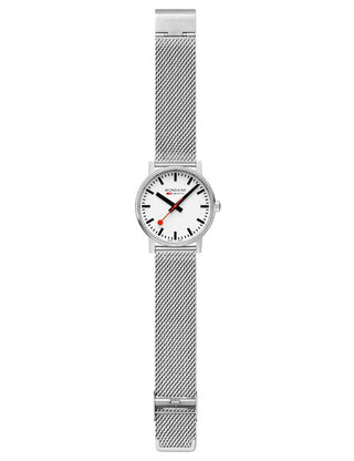 Angle shot of Mondaine MSE.43110.SJ White Dial Silver Stainless Steel Unisex Watch on white background