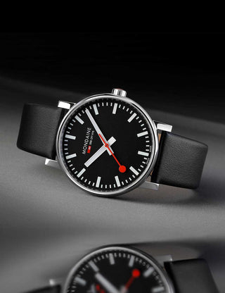 Angle shot of Mondaine MSE.43120.LB Black Leather Unisex Watch on white background