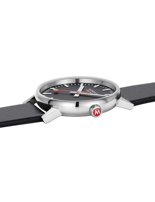 Angle shot of Mondaine MSE.43120.LB Black Leather Unisex Watch on white background