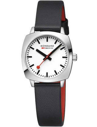 Front view of Mondaine MSL.31110.LBV White Dial Black Leather Womens Watch on white background