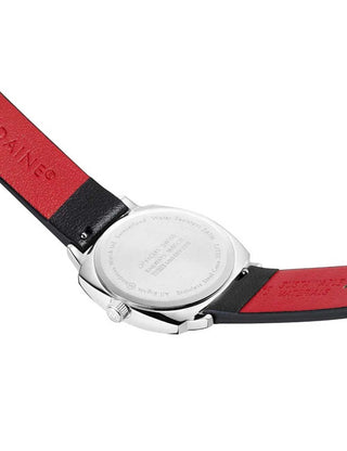 Angle shot of Mondaine MSL.31110.LBV White Dial Black Leather Womens Watch on white background