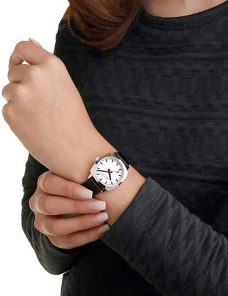 Angle shot of Mondaine MSL.31110.LBV White Dial Black Leather Womens Watch on white background
