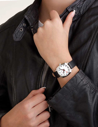 Angle shot of Mondaine MSL.31110.LBV White Dial Black Leather Womens Watch on white background