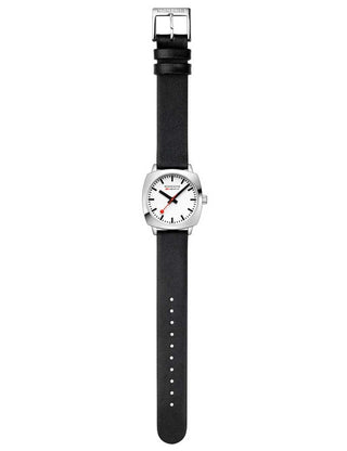 Angle shot of Mondaine MSL.31110.LBV White Dial Black Leather Womens Watch on white background