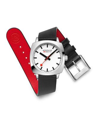 Angle shot of Mondaine MSL.31110.LBV White Dial Black Leather Womens Watch on white background