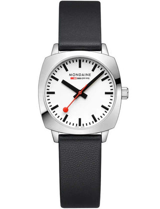 Angle shot of Mondaine MSL.31110.LBV White Dial Black Leather Womens Watch on white background