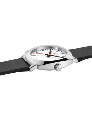 Angle shot of Mondaine MSL.31110.LBV White Dial Black Leather Womens Watch on white background