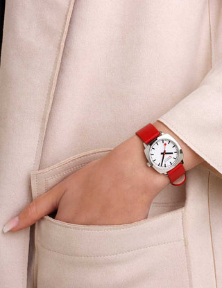 Angle shot of Mondaine MSL.31110.LCV White Dial Leather Womens Watch on white background