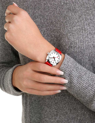 Angle shot of Mondaine MSL.31110.LCV White Dial Leather Womens Watch on white background