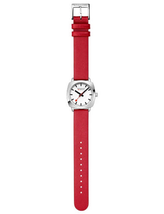 Angle shot of Mondaine MSL.31110.LCV White Dial Leather Womens Watch on white background