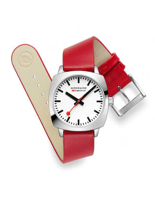 Angle shot of Mondaine MSL.31110.LCV White Dial Leather Womens Watch on white background