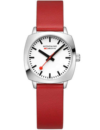Angle shot of Mondaine MSL.31110.LCV White Dial Leather Womens Watch on white background