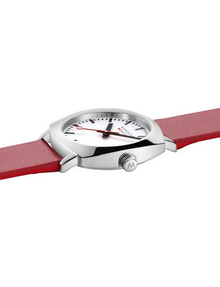 Angle shot of Mondaine MSL.31110.LCV White Dial Leather Womens Watch on white background