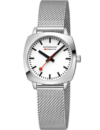 Front view of Mondaine MSL.31110.SM White Dial Silver Stainless Steel Womens Watch on white background