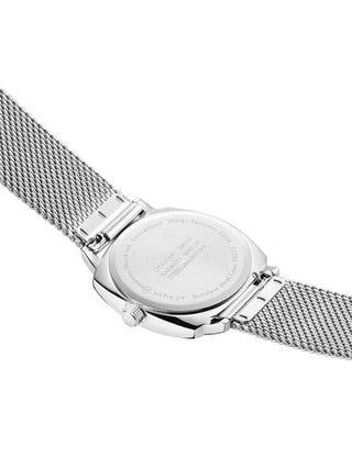 Angle shot of Mondaine MSL.31110.SM White Dial Silver Stainless Steel Womens Watch on white background