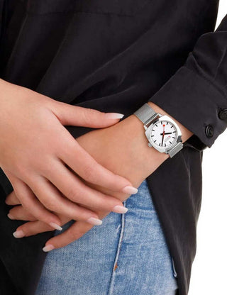 Angle shot of Mondaine MSL.31110.SM White Dial Silver Stainless Steel Womens Watch on white background