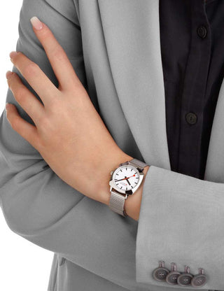 Angle shot of Mondaine MSL.31110.SM White Dial Silver Stainless Steel Womens Watch on white background