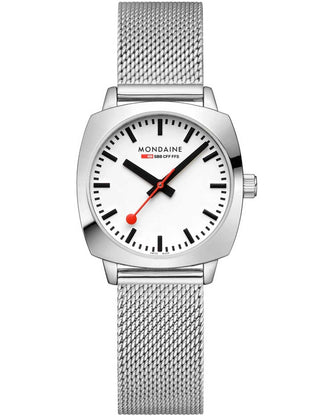 Angle shot of Mondaine MSL.31110.SM White Dial Silver Stainless Steel Womens Watch on white background