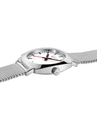 Angle shot of Mondaine MSL.31110.SM White Dial Silver Stainless Steel Womens Watch on white background
