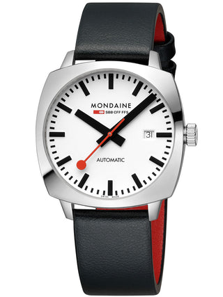 Angle shot of Mondaine MSL.3961B.LBV White Dial Black Leather Unisex Watch on white background