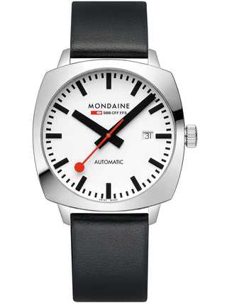 Front view of Mondaine MSL.3961B.LBV White Dial Black Leather Unisex Watch on white background
