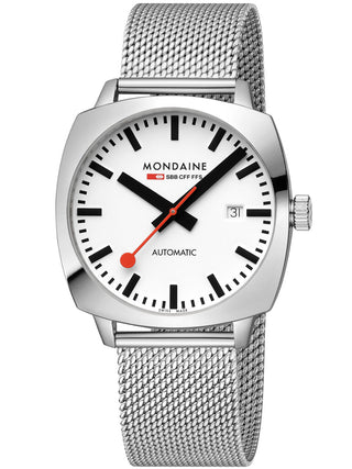 Angle shot of Mondaine MSL.3961B.SM White Dial Silver Stainless Steel Unisex Watch on white background