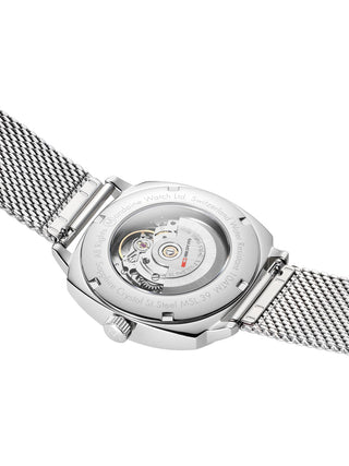 Angle shot of Mondaine MSL.3961B.SM White Dial Silver Stainless Steel Unisex Watch on white background