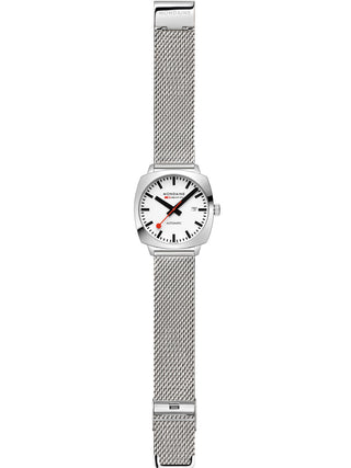 Angle shot of Mondaine MSL.3961B.SM White Dial Silver Stainless Steel Unisex Watch on white background