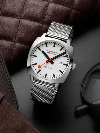 Angle shot of Mondaine MSL.3961B.SM White Dial Silver Stainless Steel Unisex Watch on white background