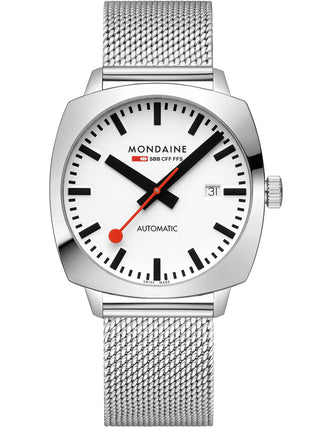 Front view of Mondaine MSL.3961B.SM White Dial Silver Stainless Steel Unisex Watch on white background