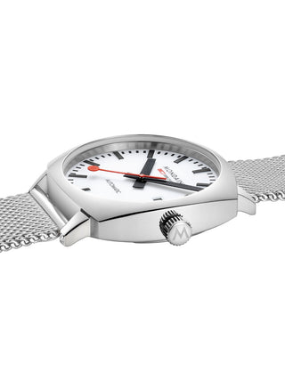 Angle shot of Mondaine MSL.3961B.SM White Dial Silver Stainless Steel Unisex Watch on white background