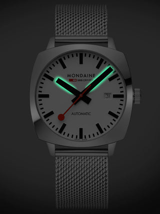 Angle shot of Mondaine MSL.3961B.SM White Dial Silver Stainless Steel Unisex Watch on white background
