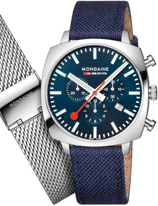 Front view of Mondaine Chronograph MSL.41440.LD.SET Blue Stainless Steel Unisex Watch on white background