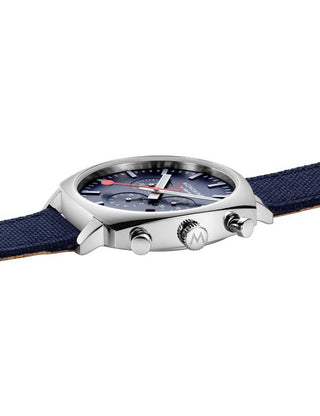 Angle shot of Mondaine Chronograph MSL.41440.LD.SET Blue Stainless Steel Unisex Watch on white background