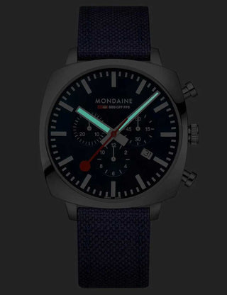 Angle shot of Mondaine Chronograph MSL.41440.LD.SET Blue Stainless Steel Unisex Watch on white background