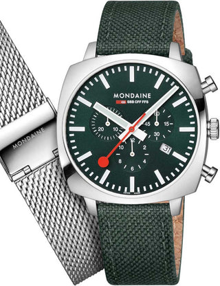 Front view of Mondaine Chronograph MSL.41460.LF.SET Green Stainless Steel Unisex Watch on white background