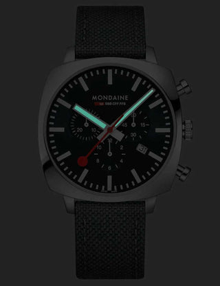 Angle shot of Mondaine Chronograph MSL.41460.LF.SET Green Stainless Steel Unisex Watch on white background
