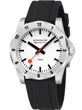 Angle shot of Mondaine MSN.4211B.RB White Dial Black Silicone Unisex Watch on white background
