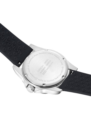 Angle shot of Mondaine MSN.4211B.RB White Dial Black Silicone Unisex Watch on white background