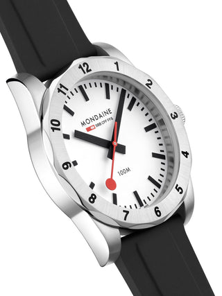 Angle shot of Mondaine MSN.4211B.RB White Dial Black Silicone Unisex Watch on white background
