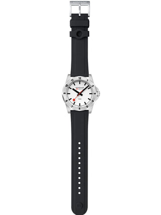 Angle shot of Mondaine MSN.4211B.RB White Dial Black Silicone Unisex Watch on white background