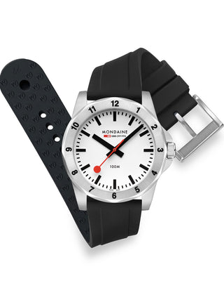 Angle shot of Mondaine MSN.4211B.RB White Dial Black Silicone Unisex Watch on white background